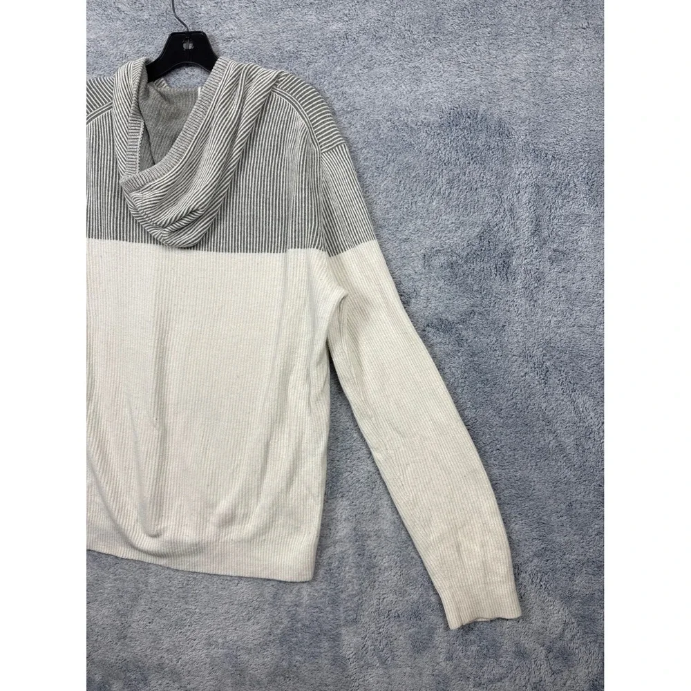 Express Mens M White Grey Hooded Sweater Colorblock Ribbed Knit Pullover